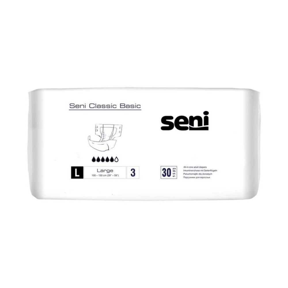 Verpackung Seni Classic Basic Inkontinenzhose. Weiß, mit Produktabbildung, Größenangabe L, Saugstärke 3, 30 Stück. Marke Seni.