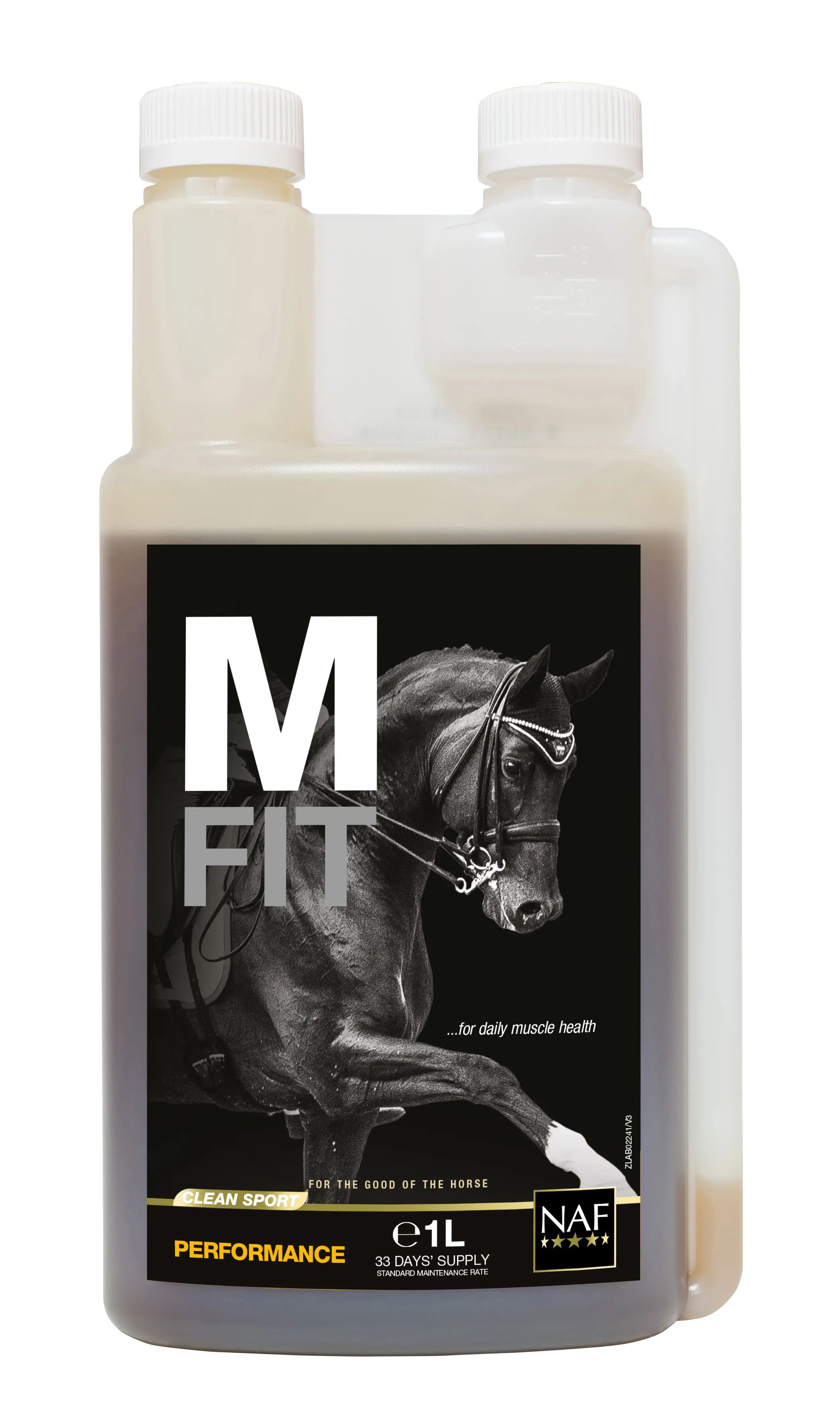 Flasche mit Produkt M Fit. Schwarzes Etikett mit Pferd, Text: M Fit, NAF, e1L, 33 Tage Vorrat.