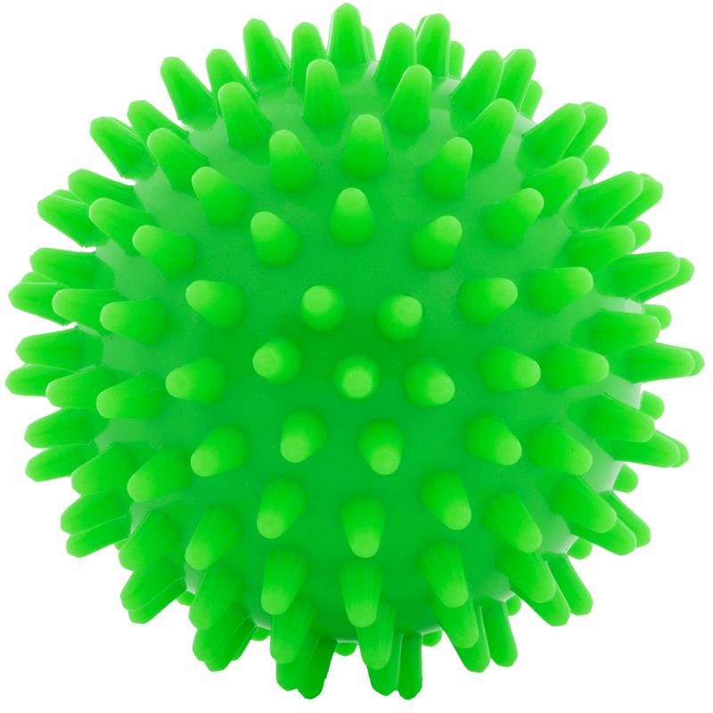 Grüner Massageball mit Noppen. Kugelform, Oberfläche mit kleinen, spitzen Erhebungen.