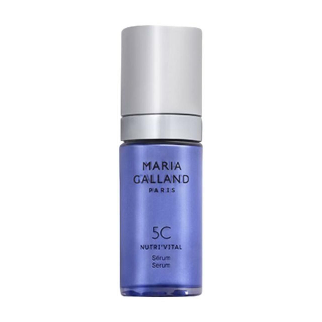 Maria Galland Paris 5C-Sérum Nutri'Vital. Flakon mit silbernem Deckel. Blaue Flasche mit weißer Schrift. Produktname und Serum-Bezeichnung.