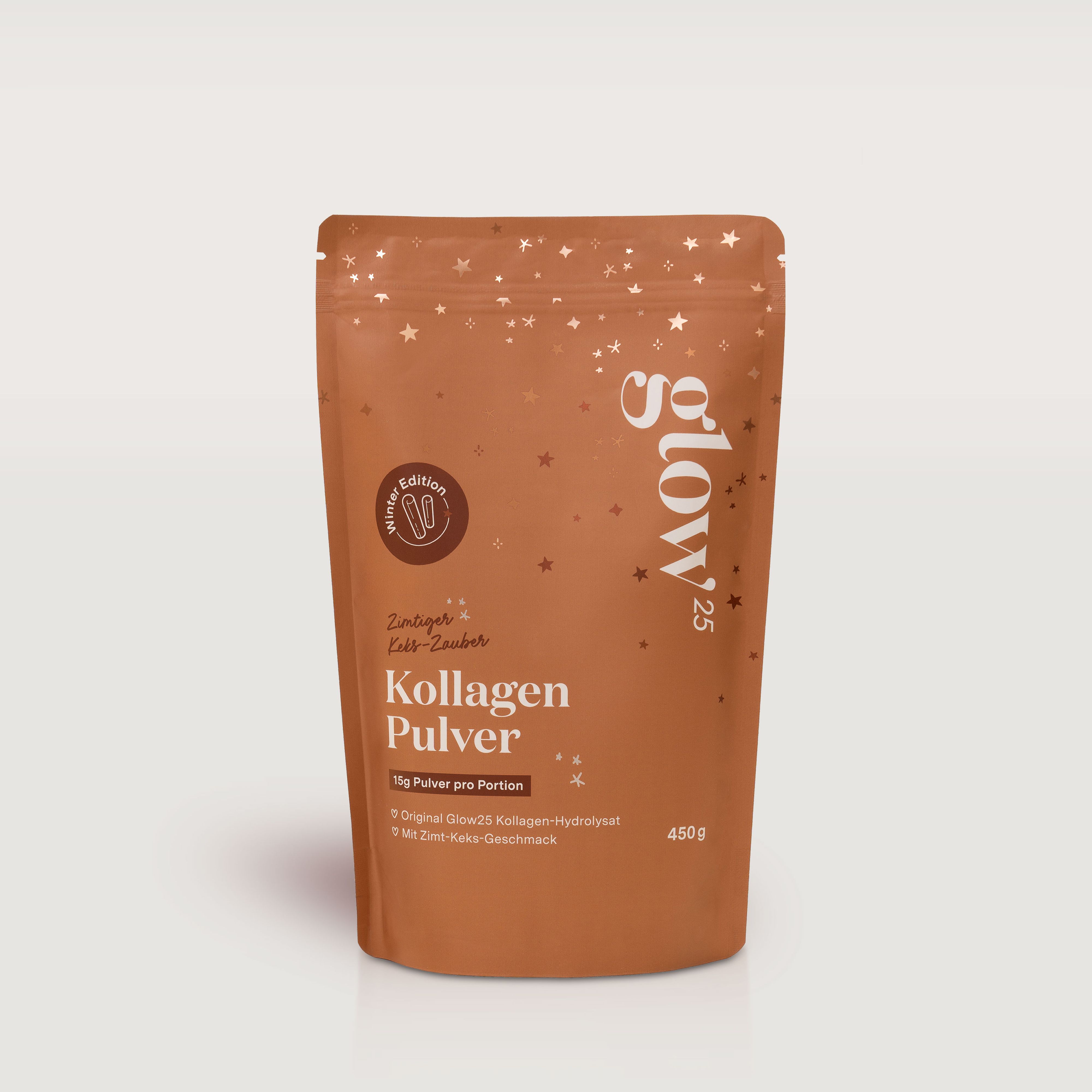 Braune Standbeutel Glow25® Kollagen Pulver. Winter Edition. Zimtkeks-Geschmack. 450g. Sternenmuster.