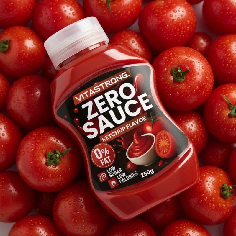 Rote Flasche Vitastrong Zero Sauce Ketchup Flavor, umgeben von Tomaten. Aufschrift: 0% Fett, wenig Zucker, wenig Kalorien. 250g.