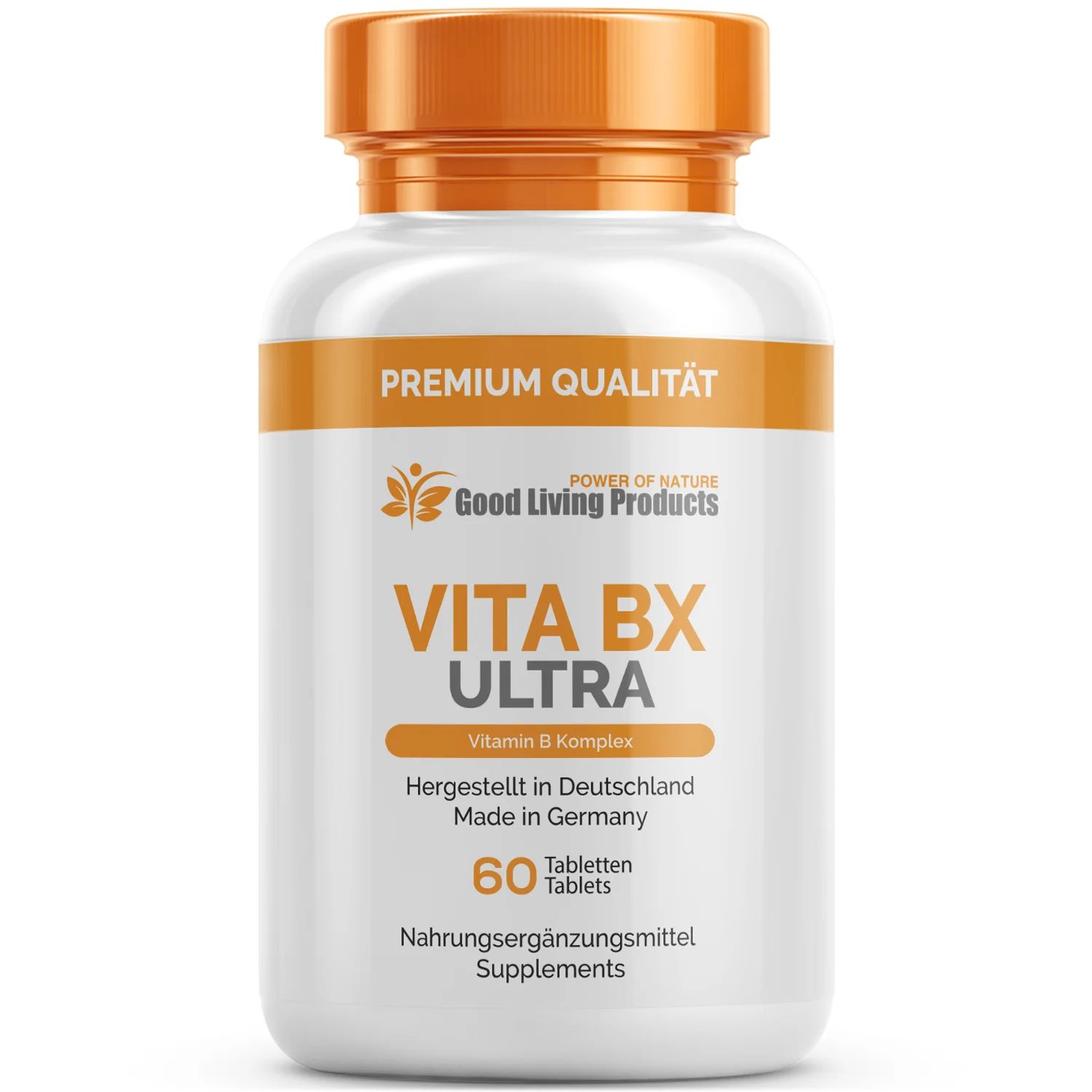 Weiße Flasche mit orangefarbenem Deckel. Aufschrift: VITA BX ULTRA, Vitamin B Komplex, 60 Tabletten. Hergestellt in Deutschland.