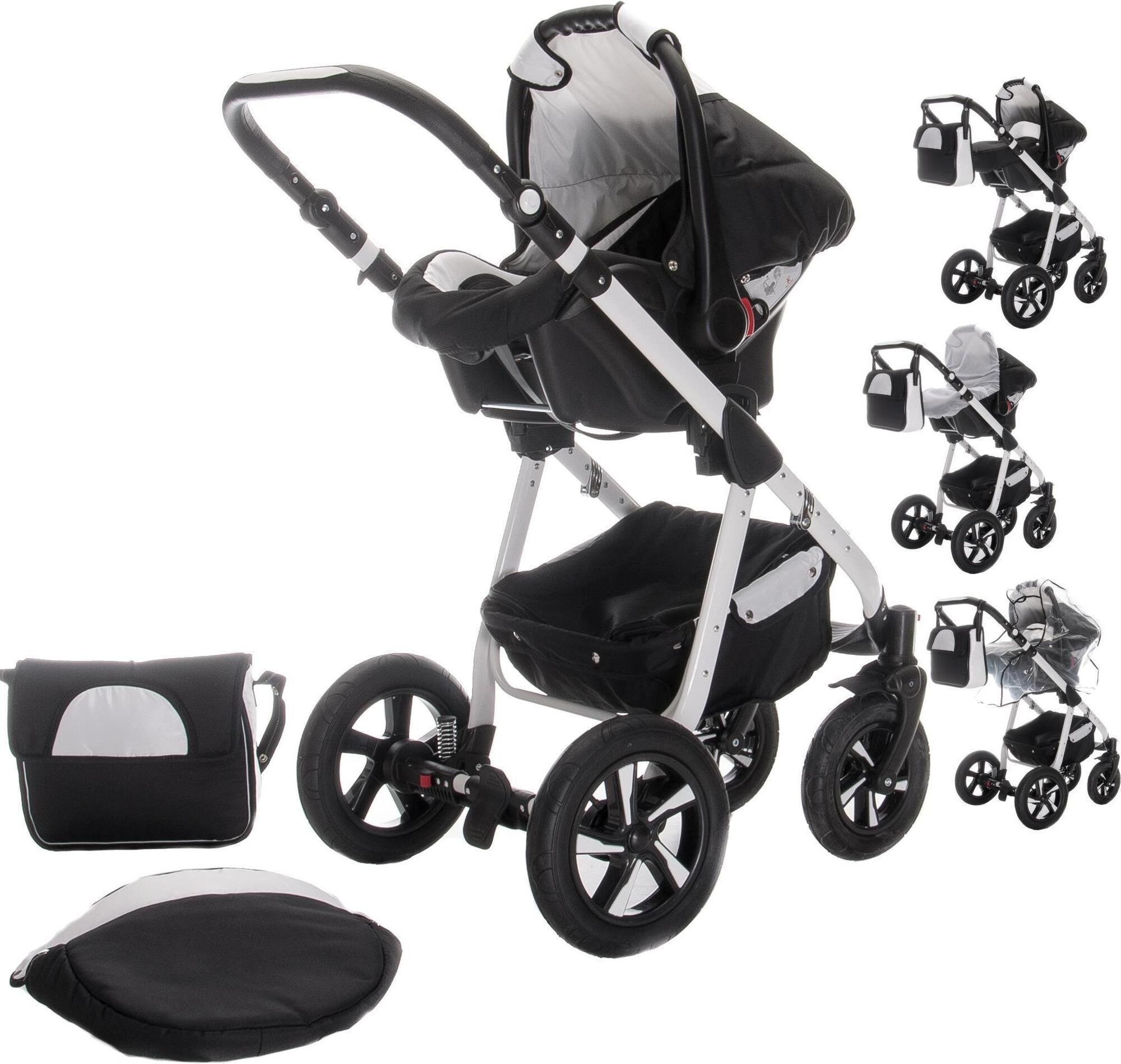 Schwarzer Kinderwagen mit weißem Gestell. Inklusive Tragetasche und Zubehör. Mehrere Ansichten.