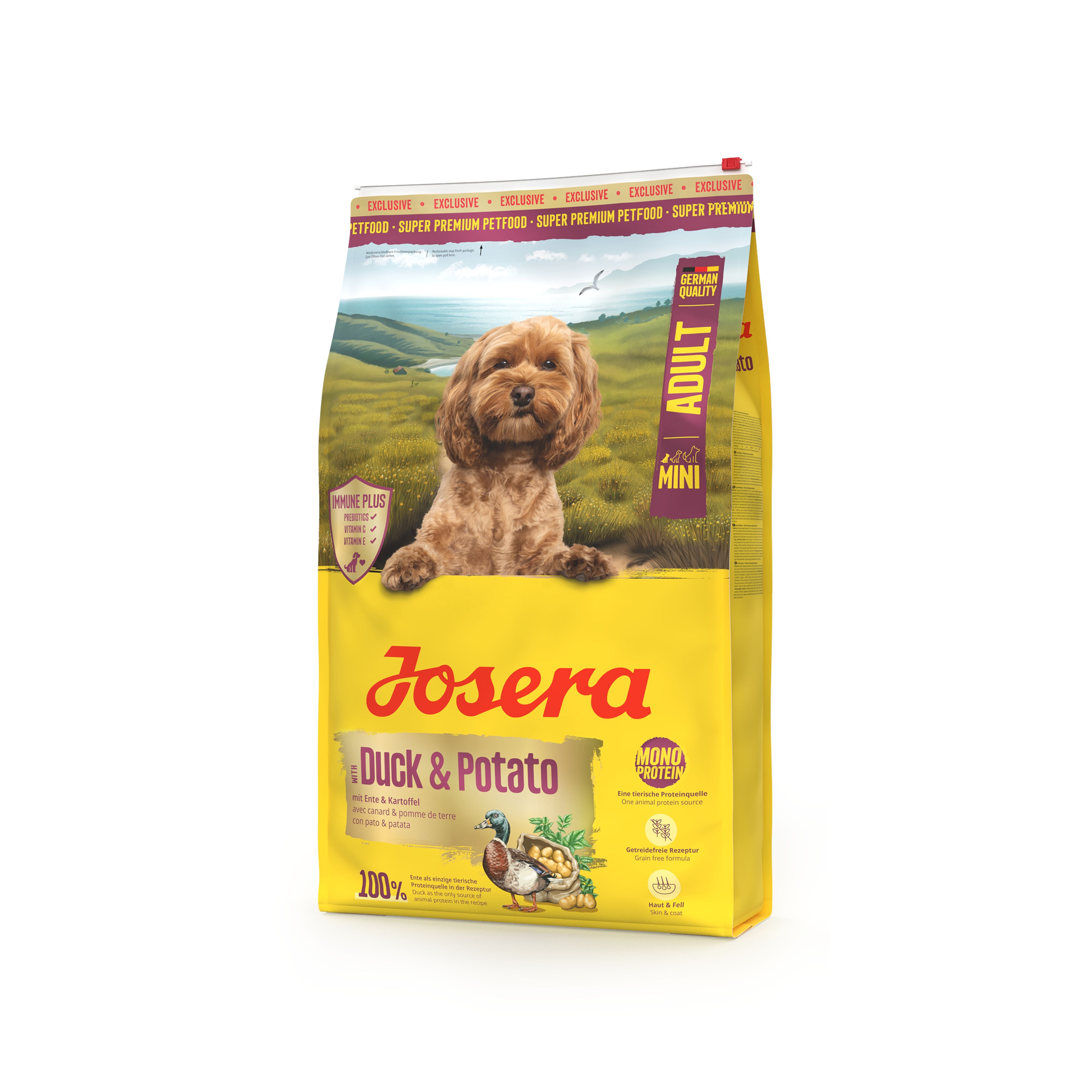 Gelber Beutel mit Hund, Produktname und Logo. Enthält „Ente & Kartoffel“. Aufschrift „Mini Adult“.