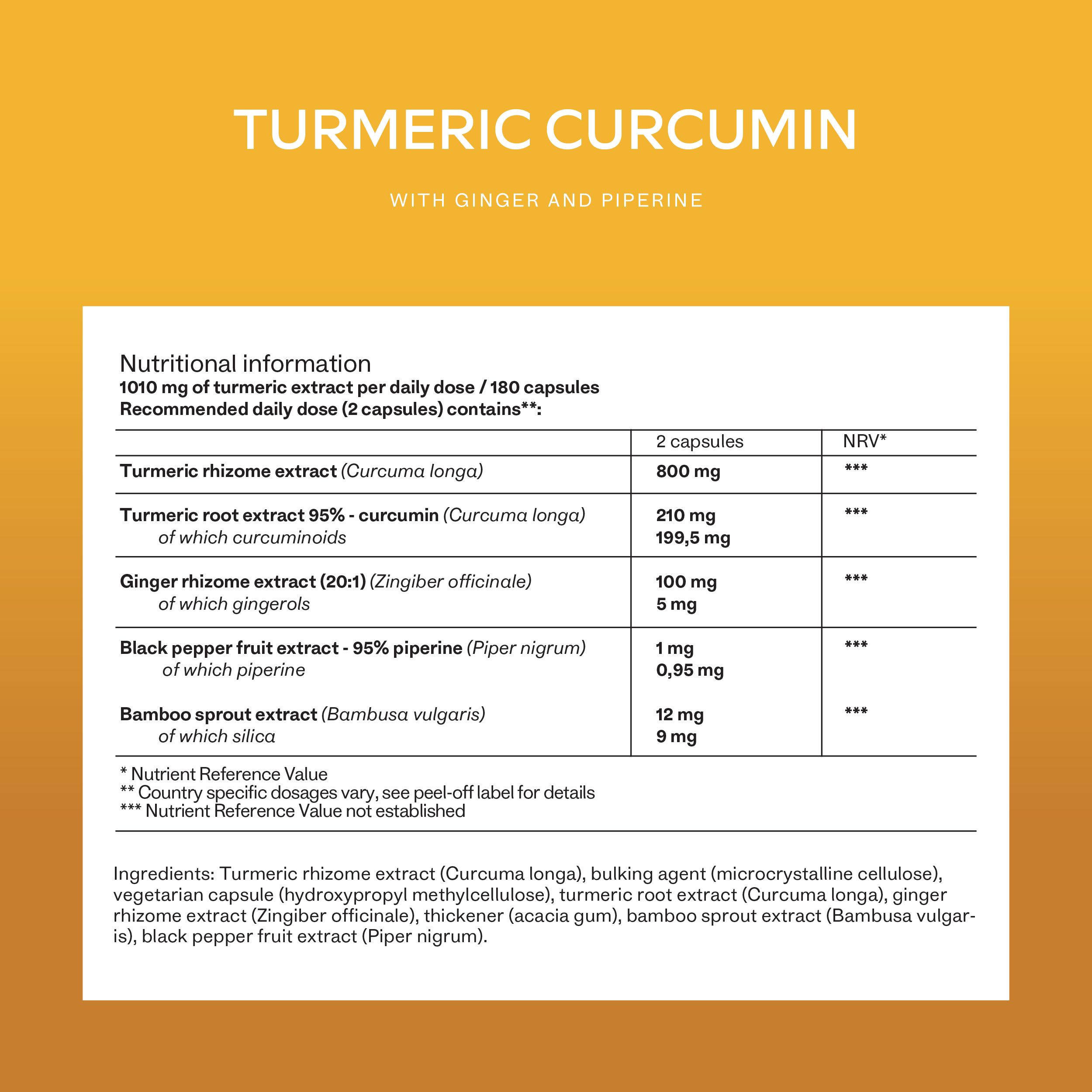 Nährwertangaben auf gelbem Hintergrund. Aufschrift: Turmeric Curcumin, mit Ingwer und Piperin.