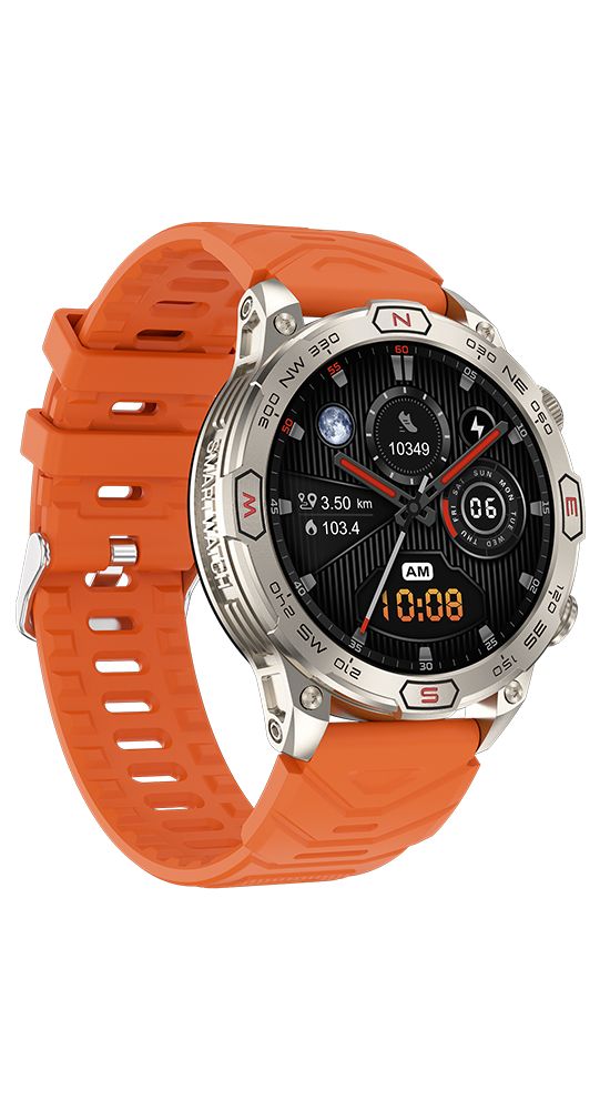Orangefarbene Smartwatch mit silbernem Gehäuse. Digitales Zifferblatt mit Uhrzeit, Datum und Fitnessdaten. Orangefarbenes Armband.