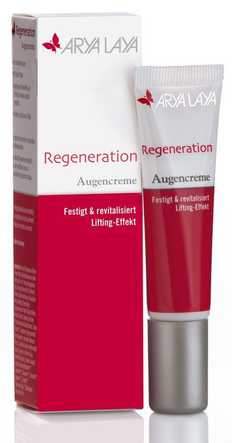 Creme-Tube und Schachtel. Aufschrift: ARYA LAYA, Regeneration Augencreme. Festigt & revitalisiert, Lifting-Effekt.