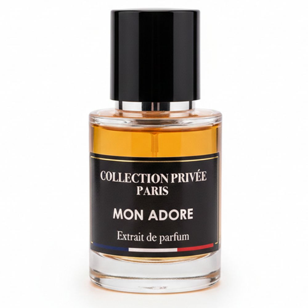 Parfümflakon mit schwarzem Deckel. Aufschrift: Collection Privée Paris, Mon Adore, Extrait de parfum. Französische Flagge.