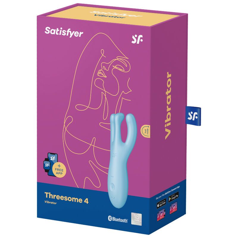 Verpackung von Satisfyer Vibrator "Threesome 4". Lila Schachtel mit Produktabbildung und Logos. Enthält Bluetooth-Logo.