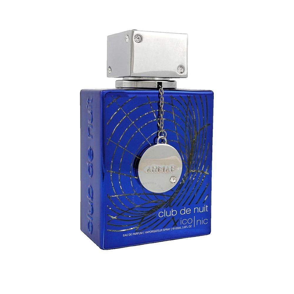 Blauer Flakon mit silbernem Verschluss. Aufschrift: Club de Nuit Iconic. Anhänger mit Armaf-Logo. Dekorative Linien.