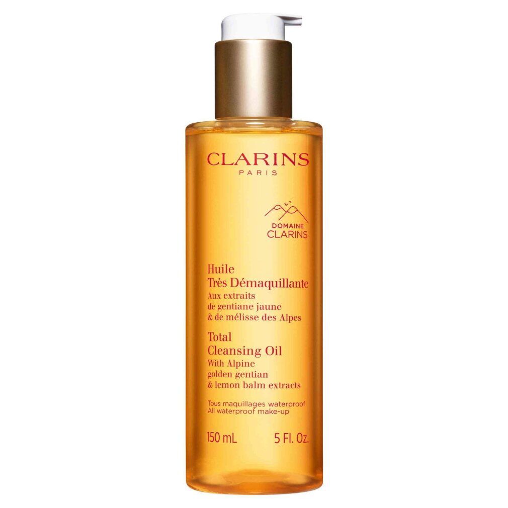 Clarins Total Cleansing Oil Flasche mit Pumpspender, goldfarbener Verschluss.