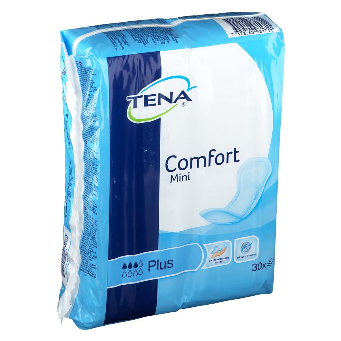 TENA Comfort Mini Plus Einlagen-Packung, blau-weiß, mit Produktabbildung und Markenschriftzug.