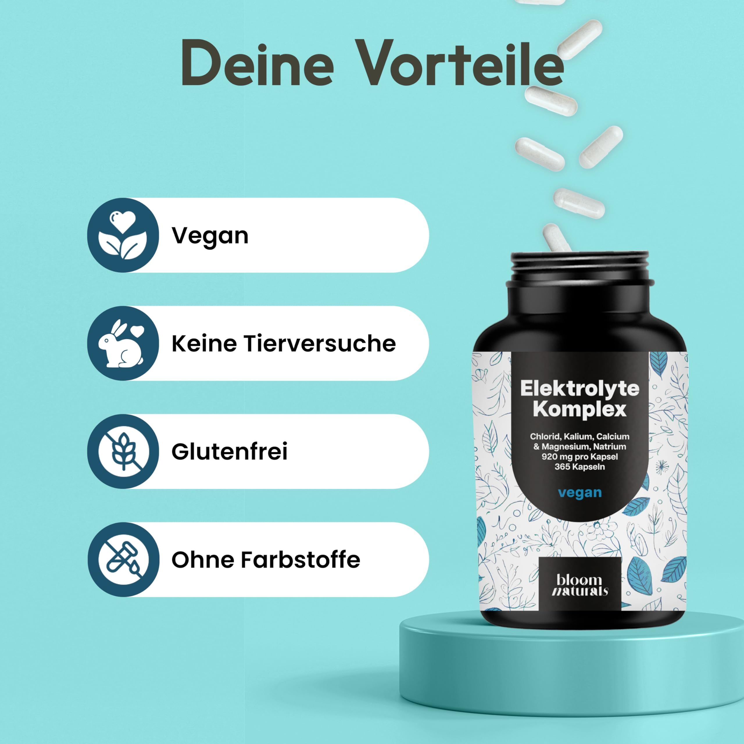 Produktflasche und Icons. Text: Deine Vorteile. Icons: Vegan, keine Tierversuche, glutenfrei, ohne Farbstoffe. Flasche: Elektrolyte Komplex.