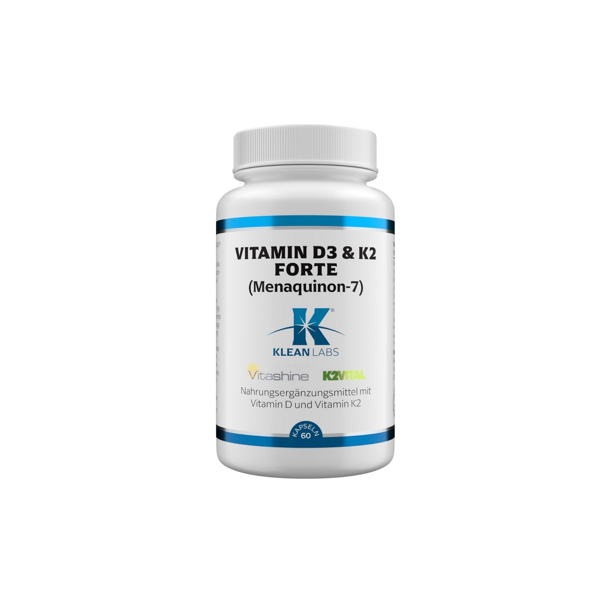 Weiße Pillendose mit blauem Etikett. Enthält Vitamin D3 & K2 Forte (Menaquinon-7) von Klean Labs.