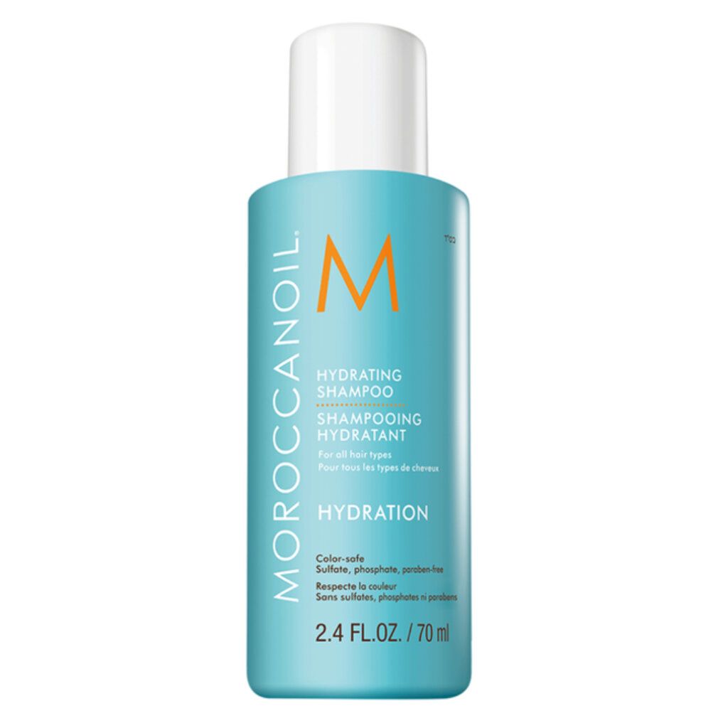 Türkisgrüne Flasche mit weißem Deckel. Aufschrift: Moroccanoil, Hydrating Shampoo, Hydration. 70 ml.