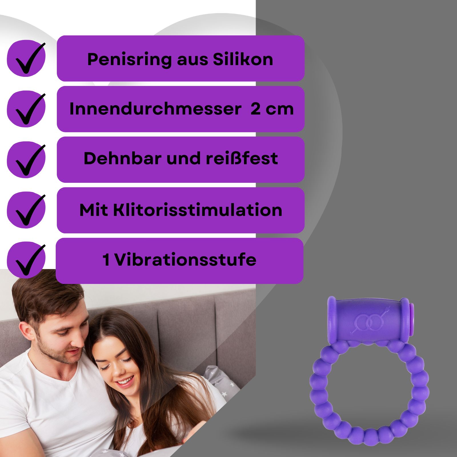 Produktabbildung mit Text. Zeigt einen lila Penisring mit Text: Penisring aus Silikon, dehnbar und reißfest.