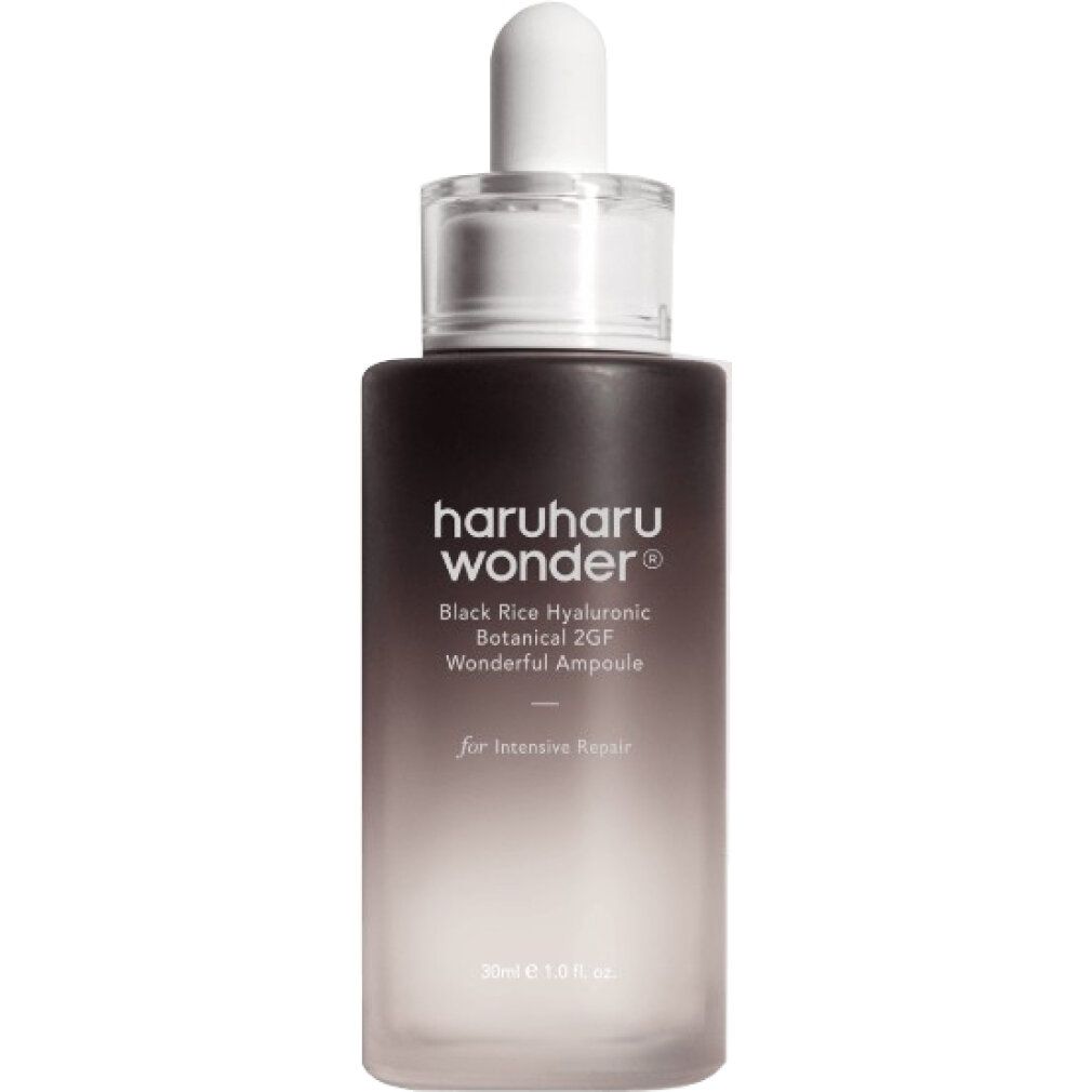 HaruHaru Wonder Black Rice Hyaluronic Botanical 2GF Wonderful Ampoule in einem dunklen Glasfläschchen mit Pipette.