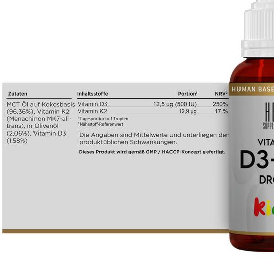 Detailansicht der Vitamin D3+K2 Tropfen-Flasche. Etikett mit Inhaltsstoffen und Nährwertangaben. HBN Supplements Logo.