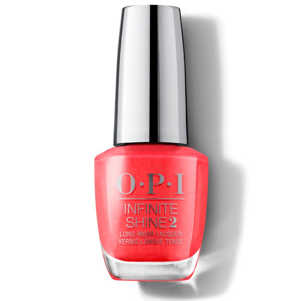 OPI Nagellack-Flasche. Roter Lack, silberner Deckel. Aufschrift: Infinite Shine 2.