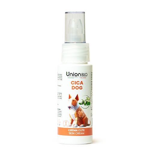 Weiße Flasche mit Sprühkopf. Aufschrift: Union BIO Cica Dog. Abbildung eines Hundes. Aufschrift: Crema Cute Skin Cream.