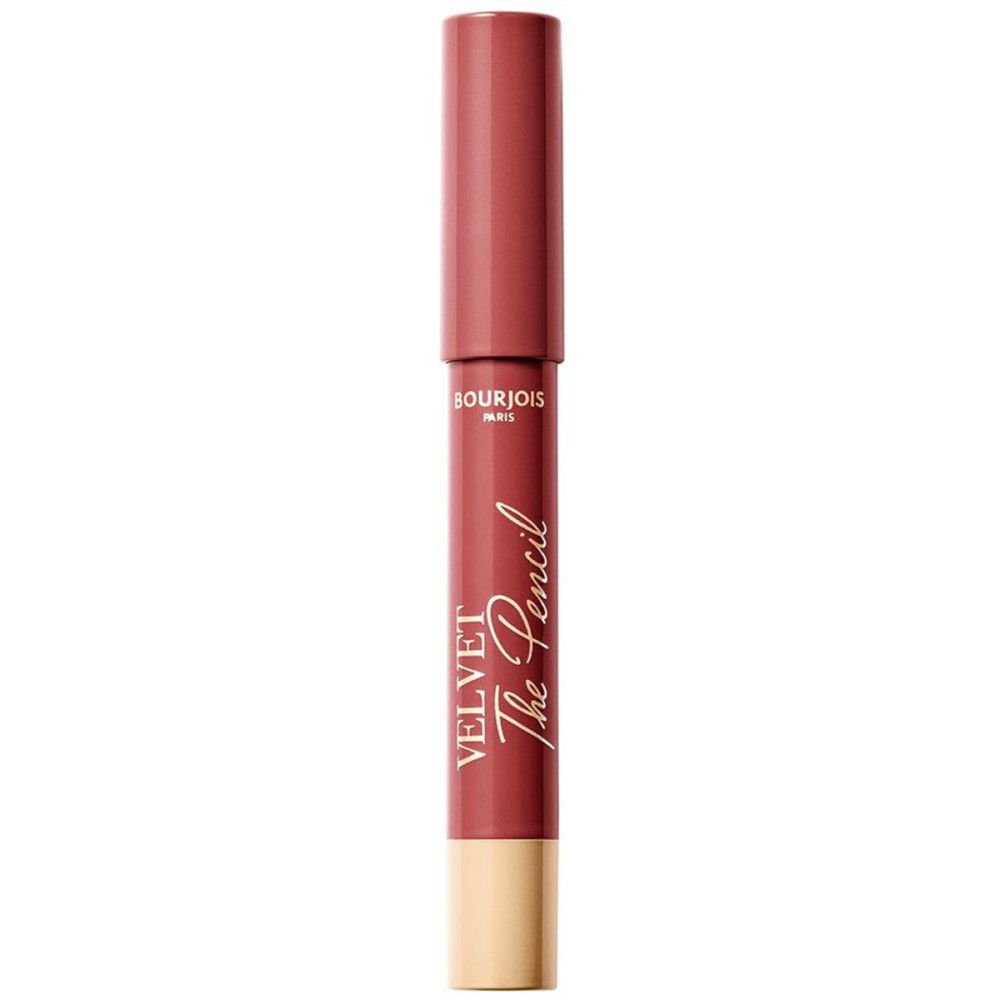 Rotbrauner Stift mit goldfarbenem Boden. Text: Velvet The Pencil, Bourjois Paris. Kappe aufgesetzt.