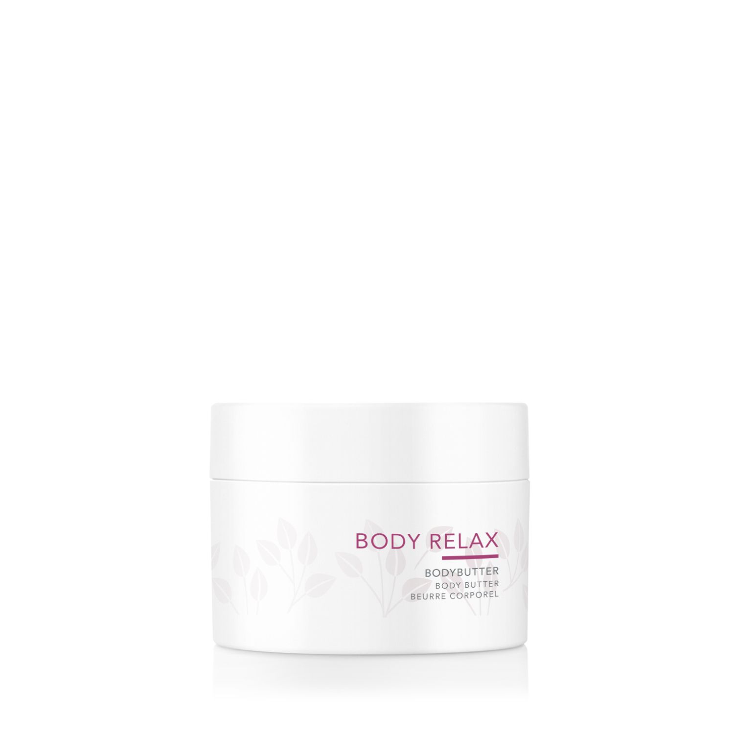 Weißer Tiegel mit Aufschrift BODY RELAX, BODYBUTTER, BEURRE CORPOREL. Weißer Deckel.