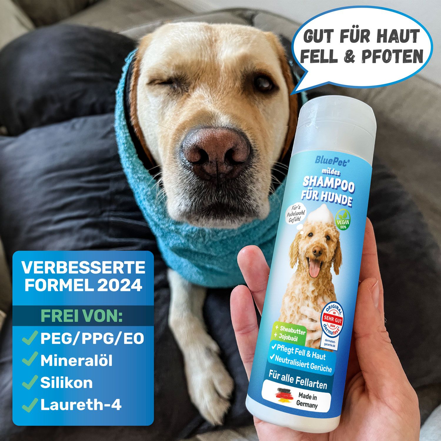Hund mit Handtuch und BluePet mildes Hundeshampoo. Verbesserte Formel 2024, frei von PEG/PPG/EO, Mineralöl, Silikon.