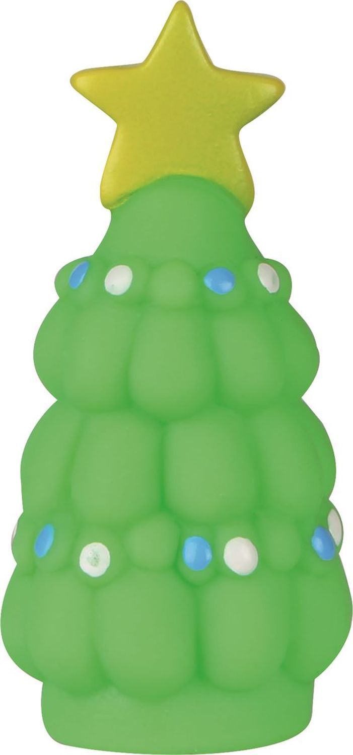 Grüne Weihnachtsbaum-Fingerpuppe mit gelbem Stern an der Spitze. Blaue und weiße Kugeln als Dekoration.