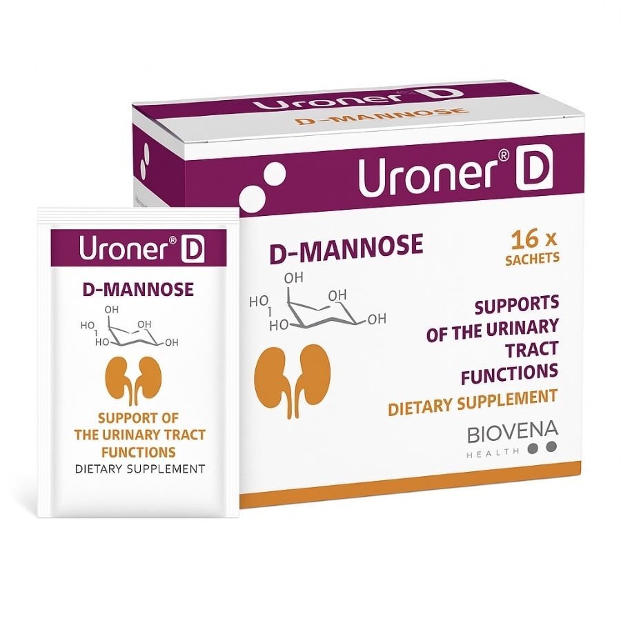 Packung und Beutel mit Produkt. Aufschrift: Uroner D, D-Mannose, 16 Sachets. Unterstützt die Harnwegsfunktionen. Biovena Health.