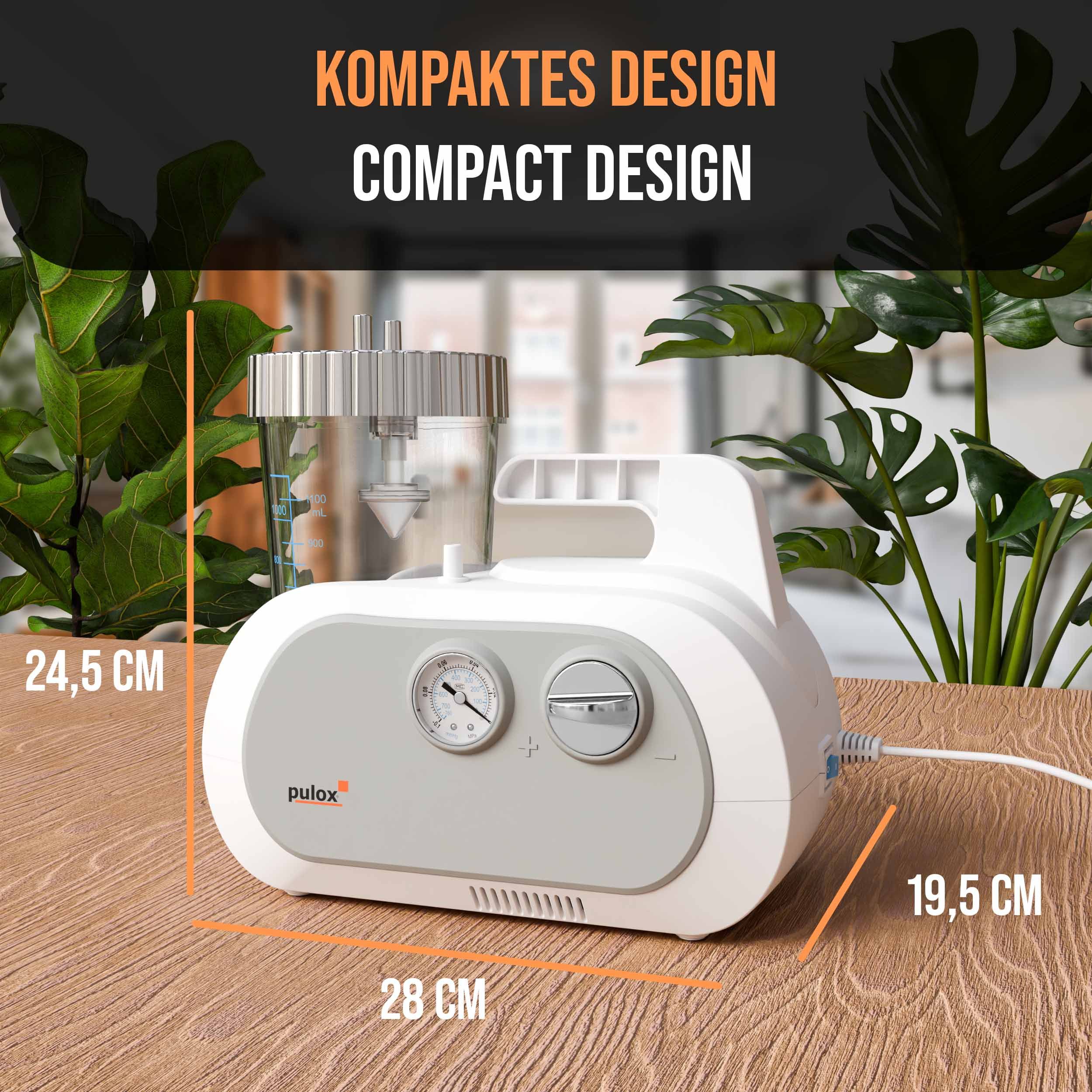 Medizinische Sekret-Absaugpumpe. Kompaktes Design. Abmessungen: 28 x 19,5 x 24,5 cm. Pulox-Logo.