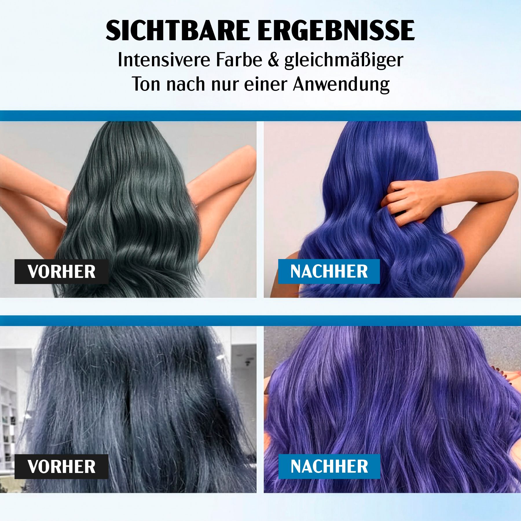 Vorher-Nachher-Vergleich von Haarfarben: Dunkelgraues Haar wird zu intensivem Blau, graues Haar zu Violett.