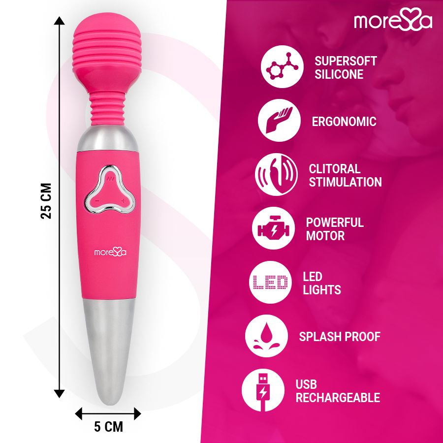 Pinkfarbener Vibrator mit silbernen Akzenten. Abmessungen: 25 cm x 5 cm. Marke: Moressa. Icons: Eigenschaften.