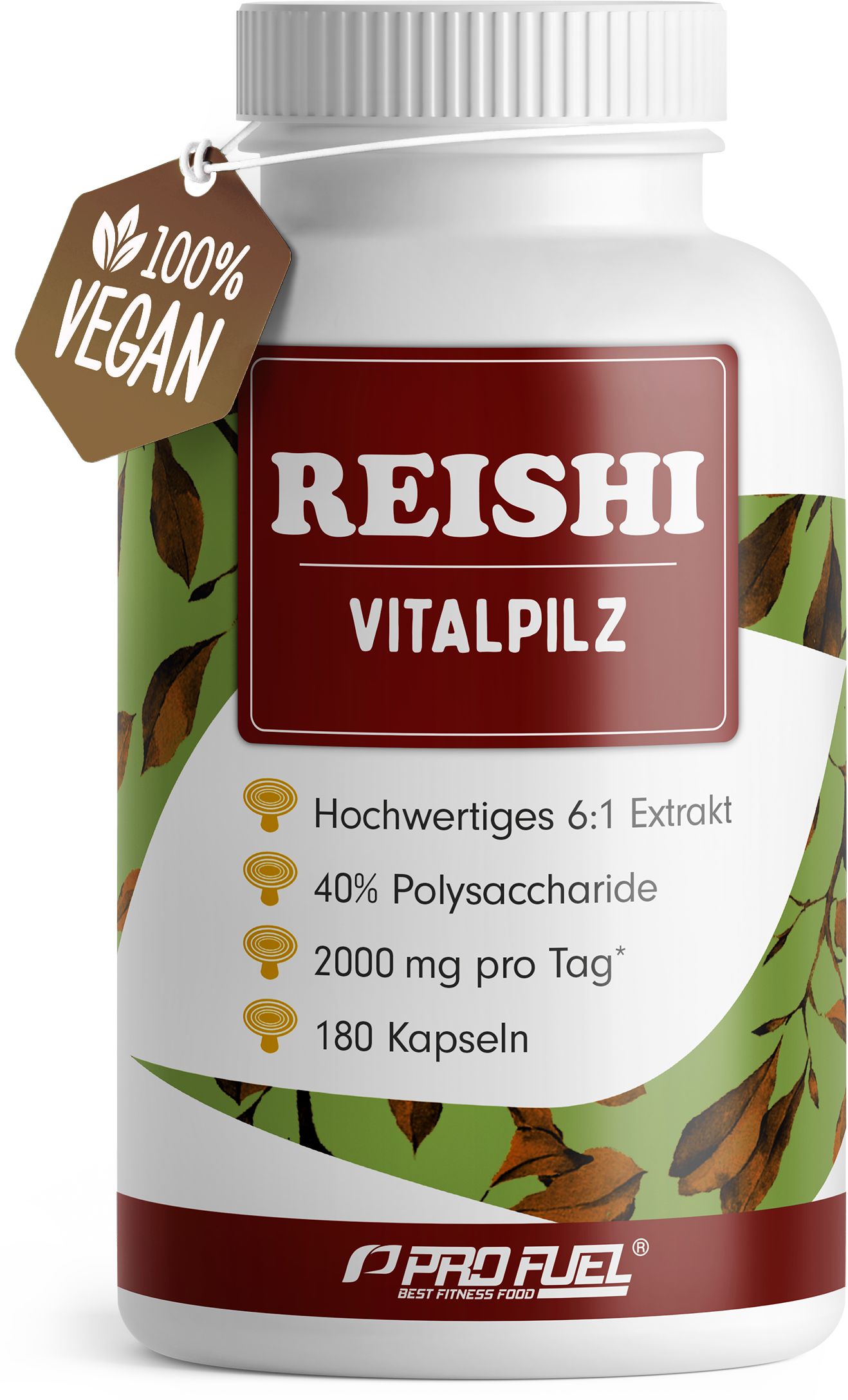 ProFuel Reishi Vitalpilz Kapseln: Hochwertiges 6:1 Extrakt, 40% Polysaccharide, 2000 mg pro Tag, 180 Kapseln. 100% Vegan.