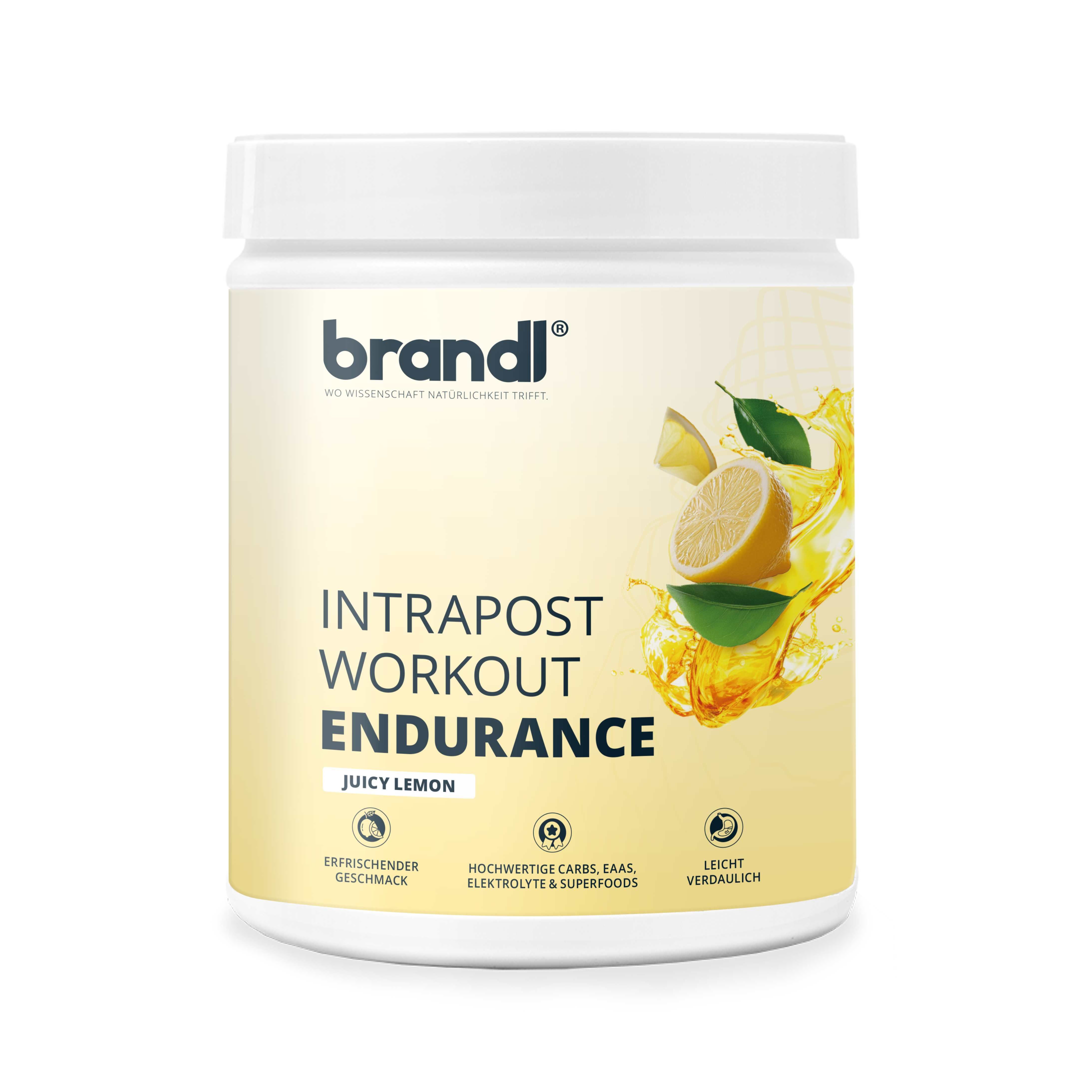 Weißes Produkt-Behälter von brandl® mit gelbem Etikett. Aufschrift: Intrapost Workout Endurance, Juicy Lemon. Zitrone-Illustration.