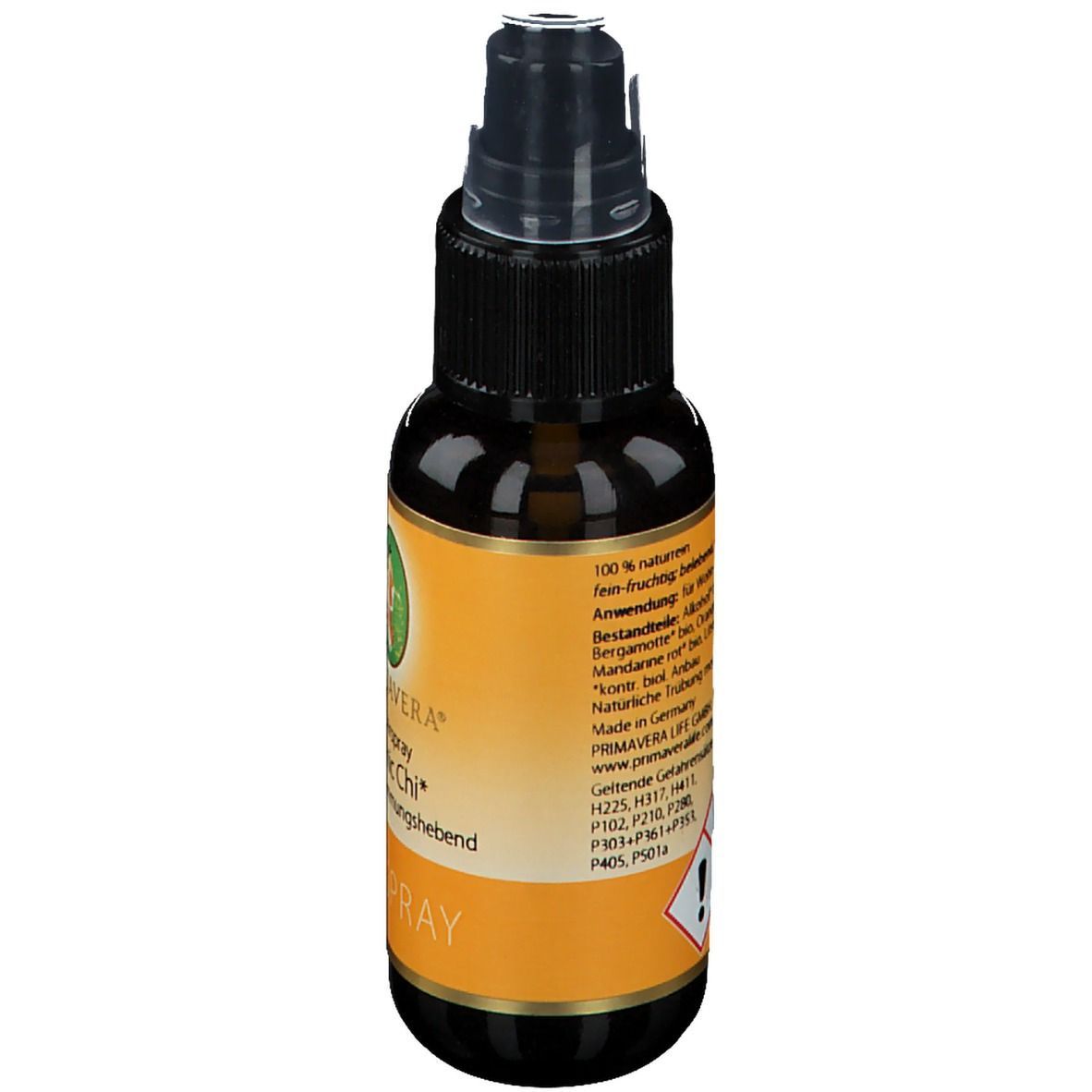 Braune Glasflasche mit Sprühkopf. Etikett mit PRIMAVERA, BioAirspray Cosmic Chi. Text und Inhaltsstoffe.