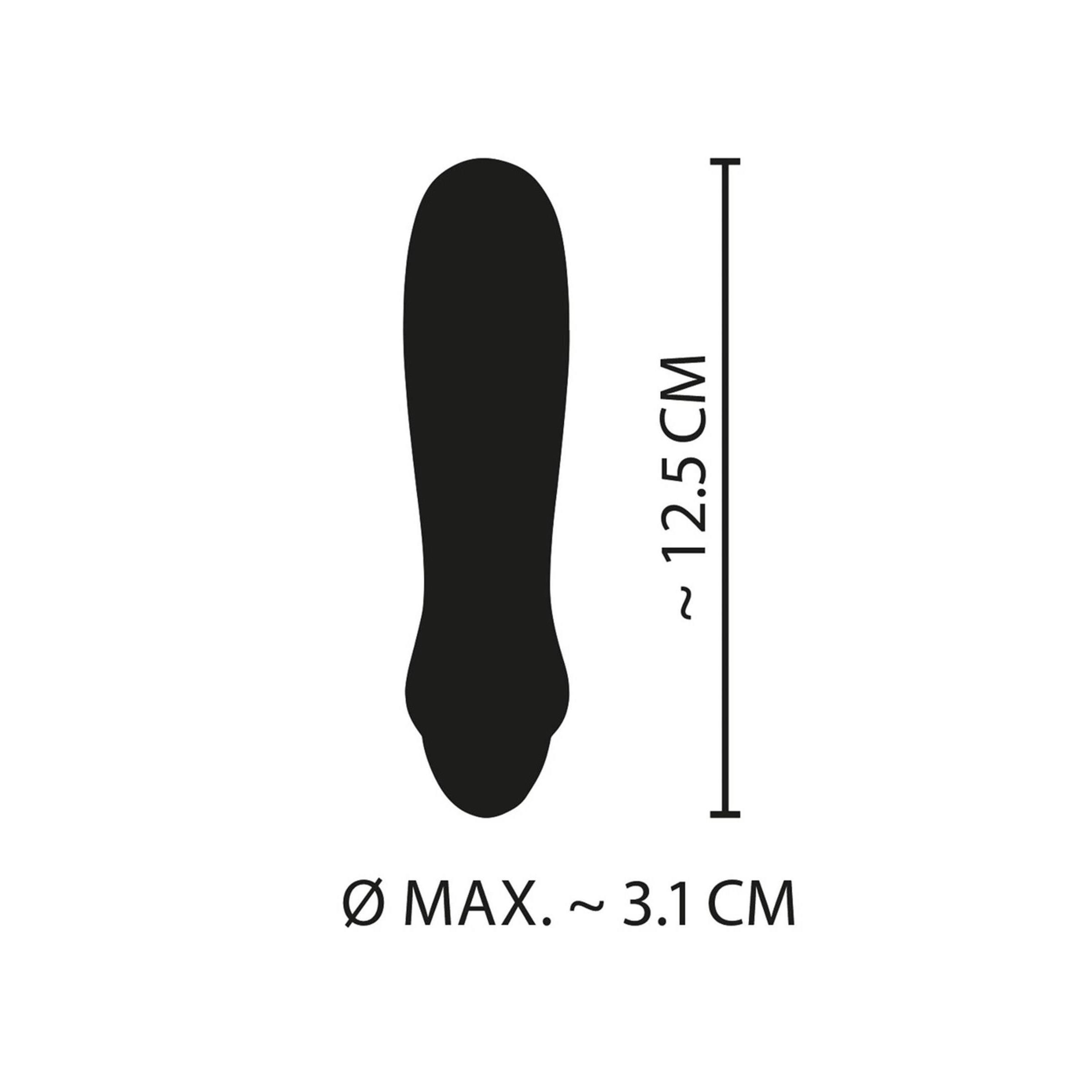 Schwarze Silhouette eines Vibrators mit Maßangaben: 12,5 cm lang, Ø max. 3,1 cm.