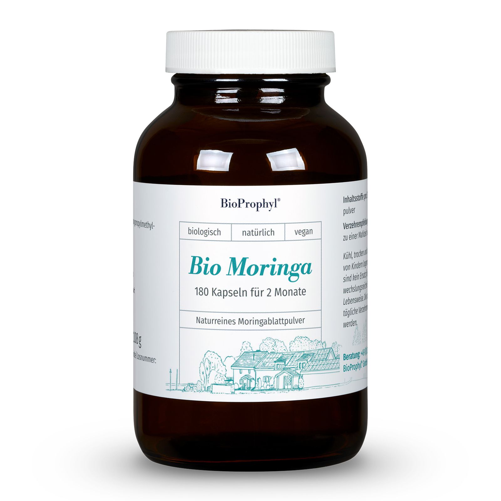 Braune Glasflasche mit weißem Deckel. BioProphyl Bio Moringa. 180 Kapseln. Aufschrift: biologisch, natürlich, vegan. Naturreines Moringablattpulver.