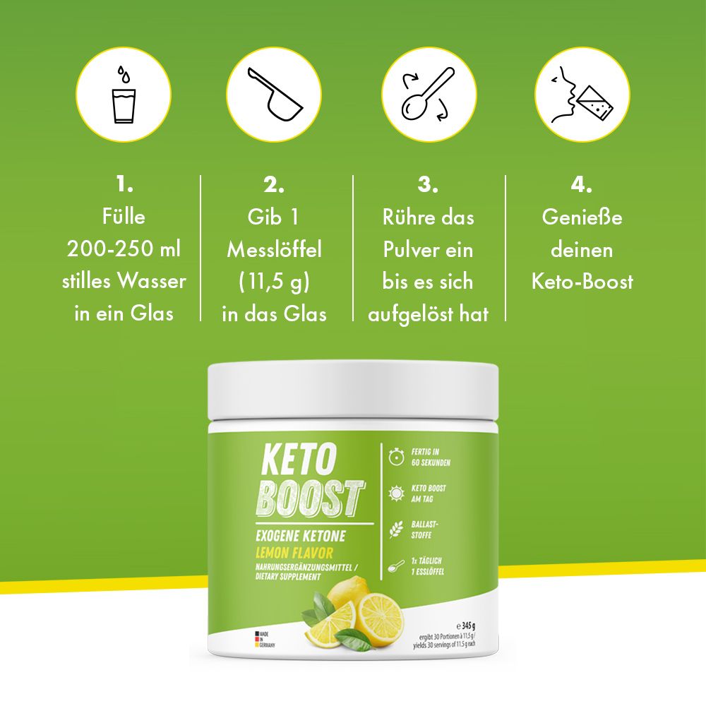 Produktglas mit grünem Etikett. Aufschrift: KETO BOOST, Lemon Flavor. Anweisungen: Wasser, Messlöffel, verrühren, genießen.