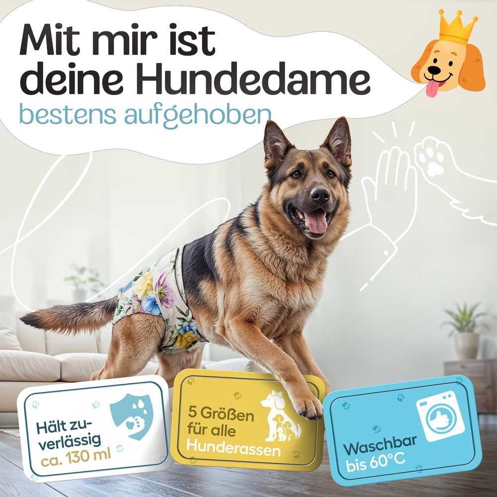 Hündin mit Windel, Text: 5 Größen, waschbar bis 60°C, hält ca. 130 ml. Illustrationen.