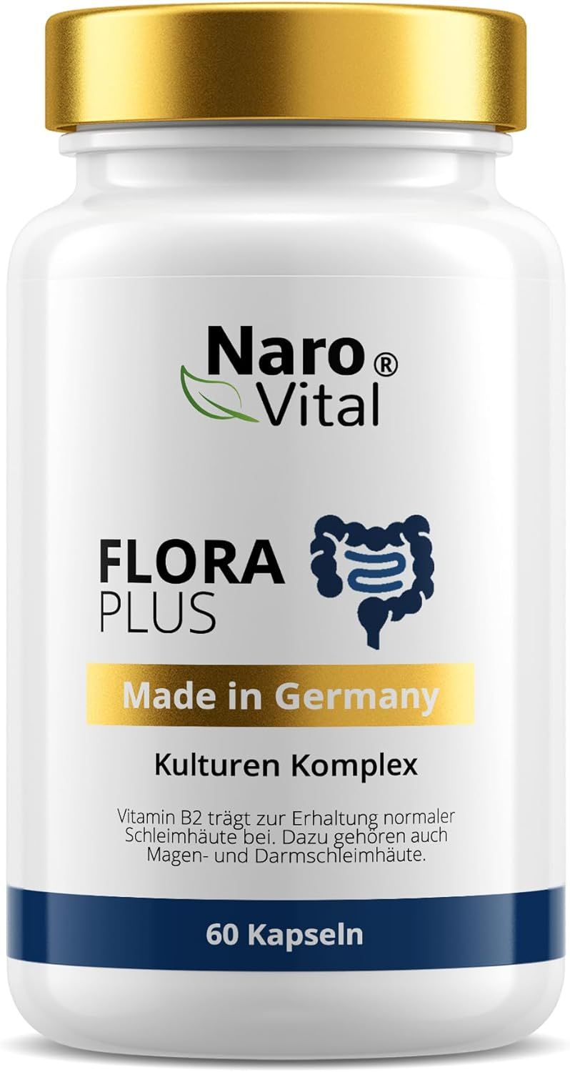 Weiße Flasche mit goldfarbenem Deckel. Aufschrift: Naro Vital, Flora Plus, Made in Germany, Kulturen Komplex. 60 Kapseln.