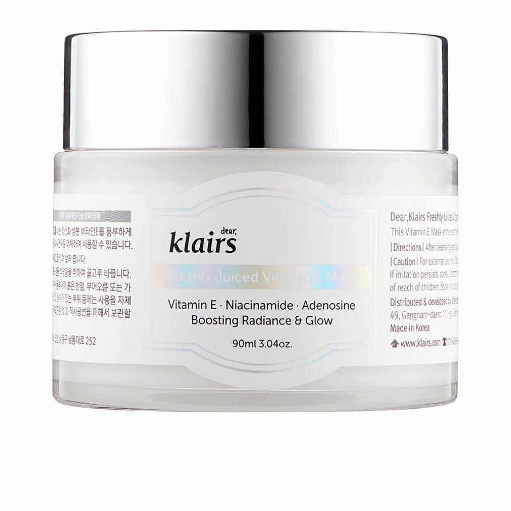 Cremebehälter mit silbernem Deckel. Aufschrift: klairs, Freshly Juiced Vitamin E Mask. 90ml.