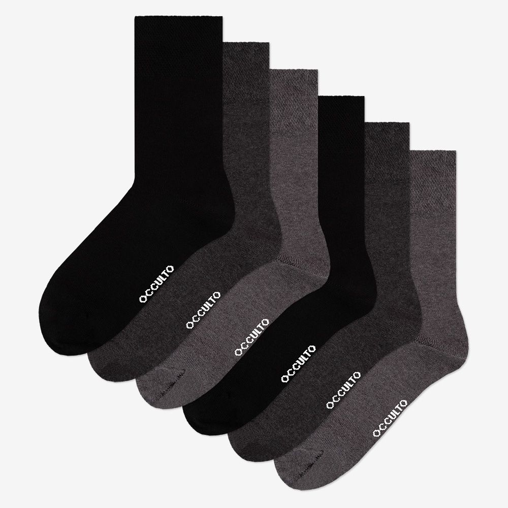 Sechs Herren-Diabetikersocken in verschiedenen Grautönen und Schwarz, nahtlos, ohne Gummibund.