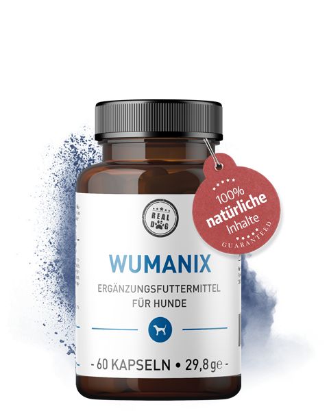 Braune Kapseln in einer Glasflasche. Text: WUMANIX, Ergänzungsfuttermittel für Hunde. Logo Real Dog. Anhänger: 100% natürliche Inhalte.