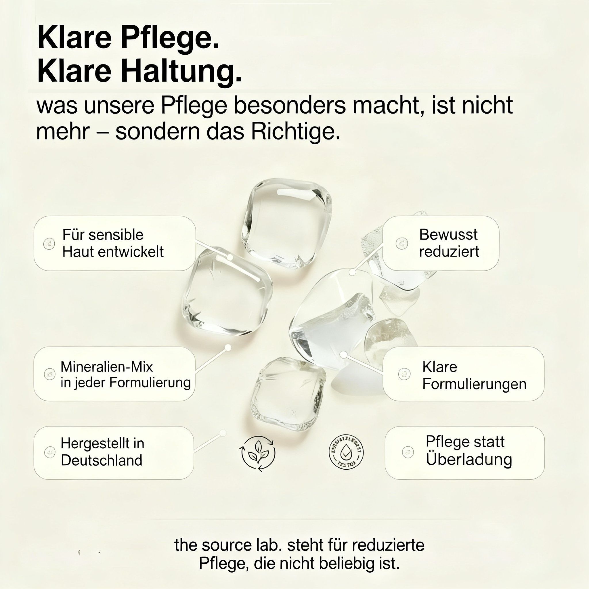 Fünf transparente, unregelmäßig geformte Objekte. Text: Für sensible Haut entwickelt, Mineralien-Mix, hergestellt in Deutschland.