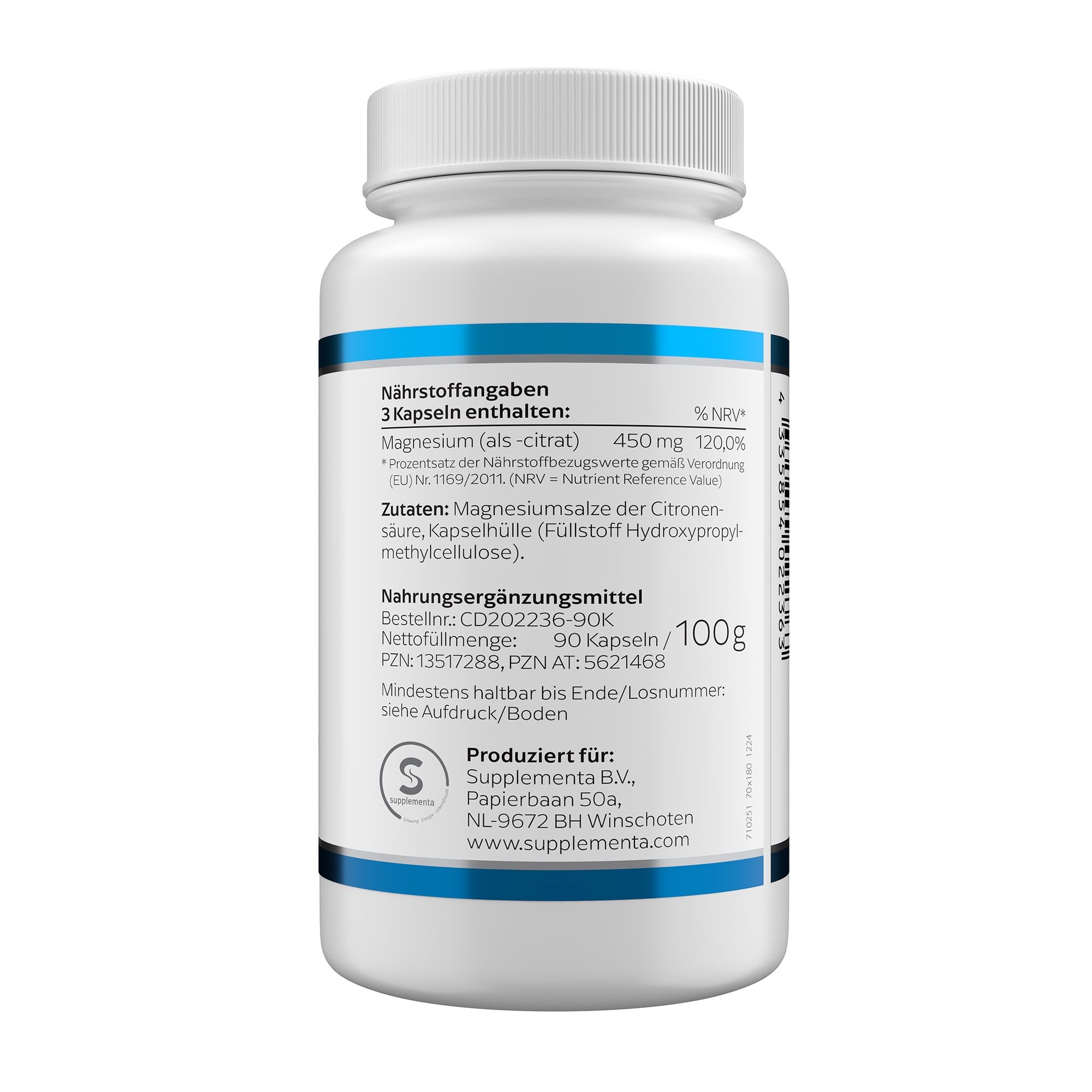 Rückseite der weißen Flasche. Enthält Nährwertangaben und Zutaten. Herstellerinformationen und Zertifizierung.