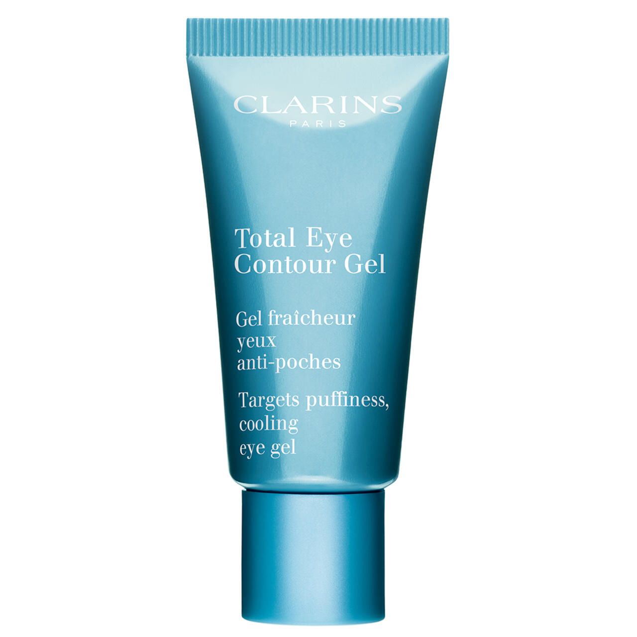 Türkisfarbene Tube mit Produktnamen und Text. Marke Clarins. "Total Eye Contour Gel" und weitere Angaben.