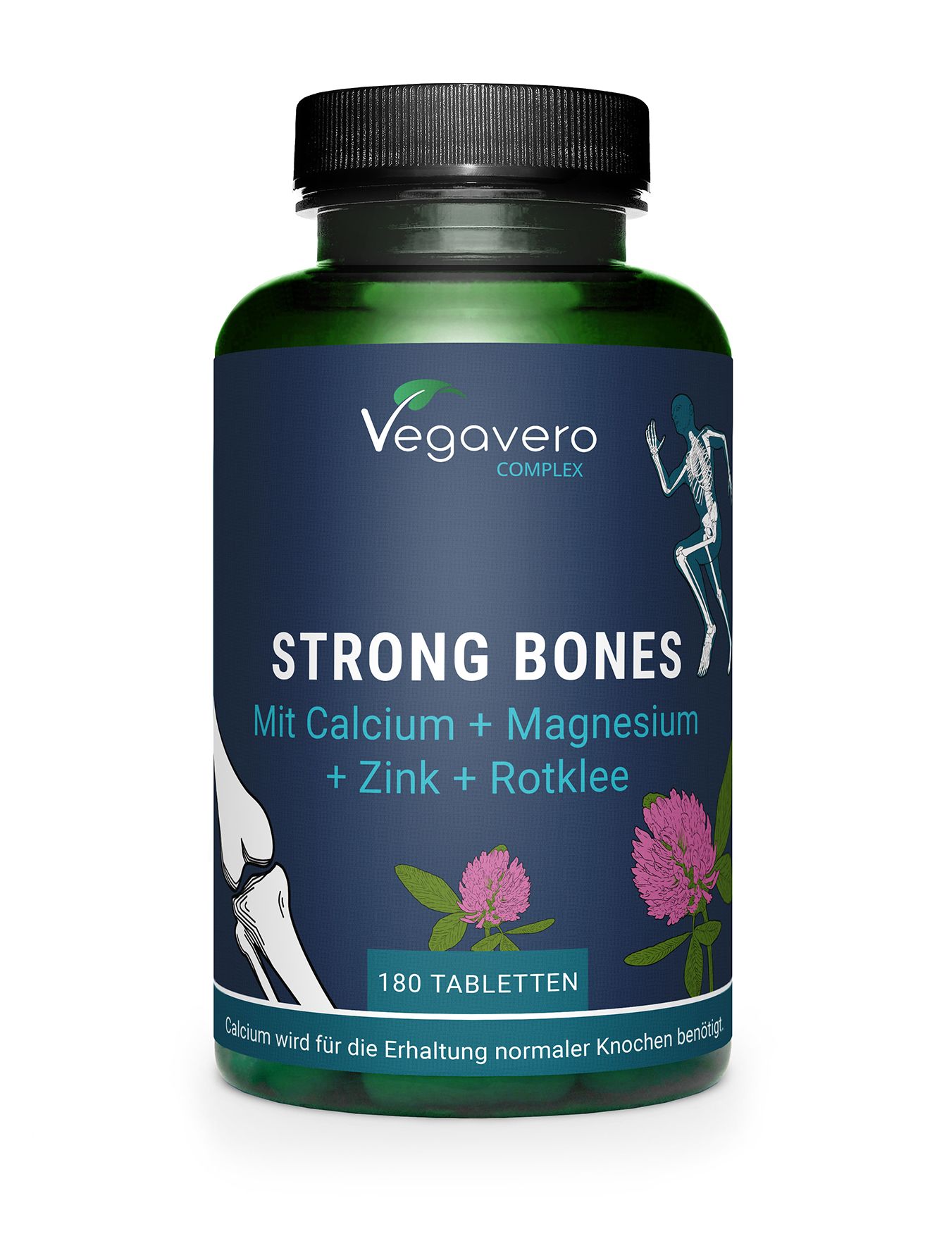 Grüne Flasche mit VEGAVERO Strong Bones. Aufschrift: Strong Bones, Calcium, Magnesium, Zink, Rotklee, 180 Tabletten. Schwarzer Deckel.