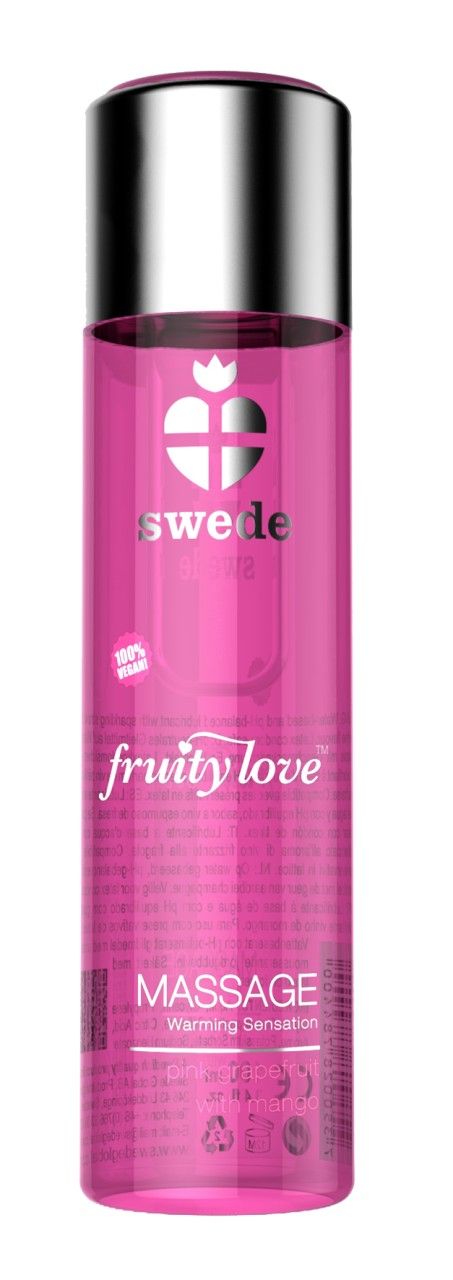 Rosa Flasche mit silbernem Deckel. Aufschrift: Swede, Fruity Love, Massage. Mit 100% Vegan-Siegel.
