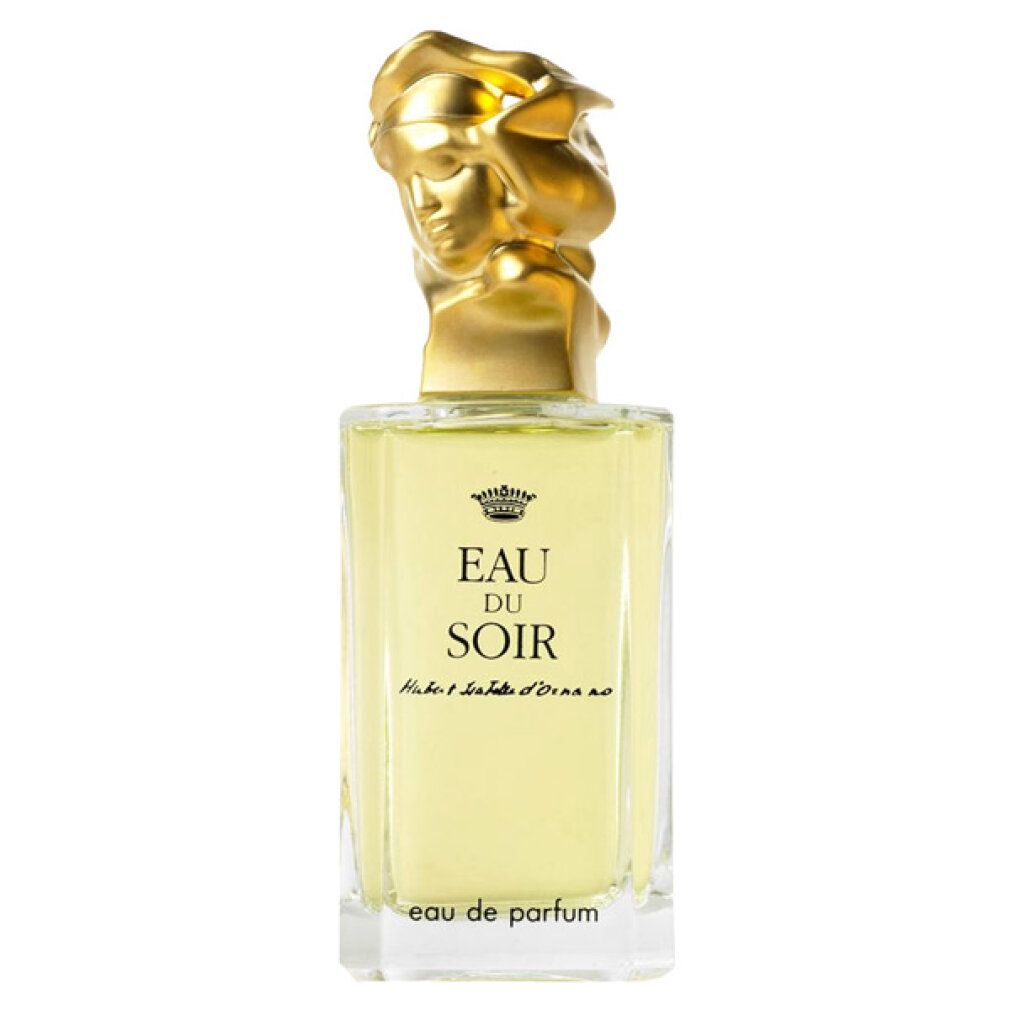 Glasflakon mit goldfarbenem Deckel, der eine Frauendarstellung zeigt. Aufschrift: Eau du Soir, Hubert Isabelle d'Ornano. Parfum.